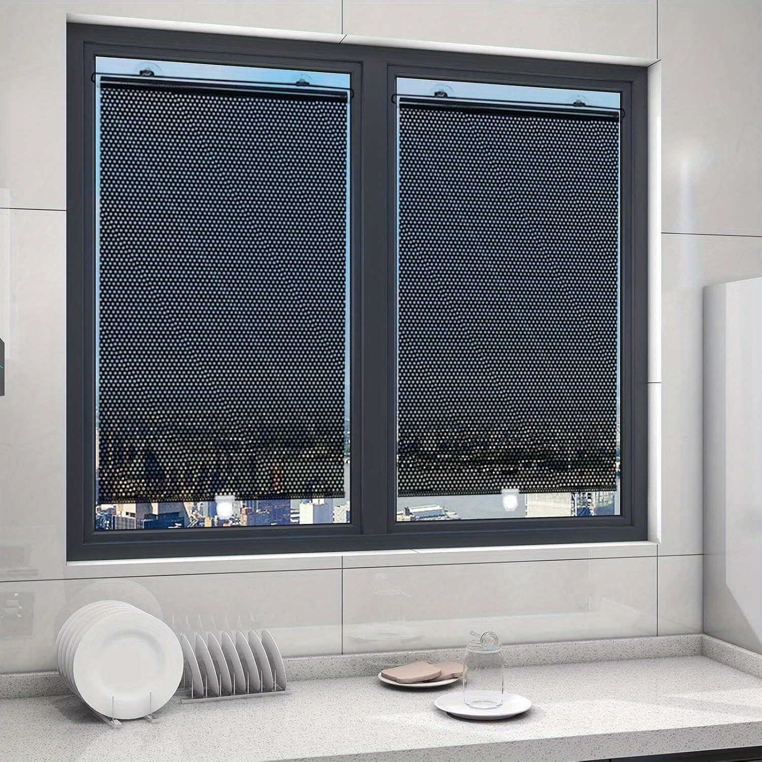 Set of 2 Wireless Roller Blinds - Black Shades Featuring 6 Suction Cups, Insulating Properties, Suitable for Bedroom, Living Room, Home Office, And Window Treatments | Contemporary Window Coverings | Easy to Install Curtains