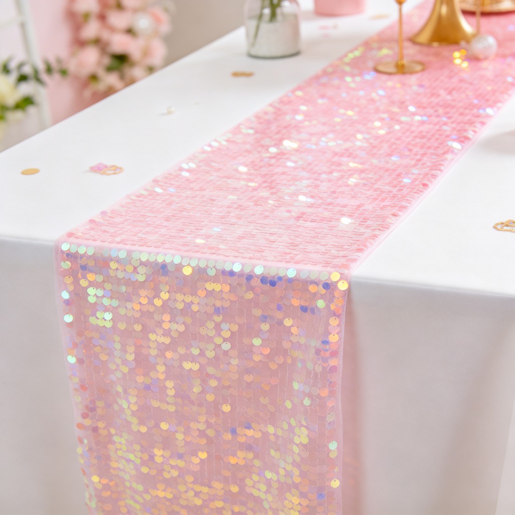 TEMU Ein schillernder rosa Pailletten-Tischläufer, bedeckt mit bunten runden Pailletten. Geeignet als Tischläufer für Hochzeitsbankette,
