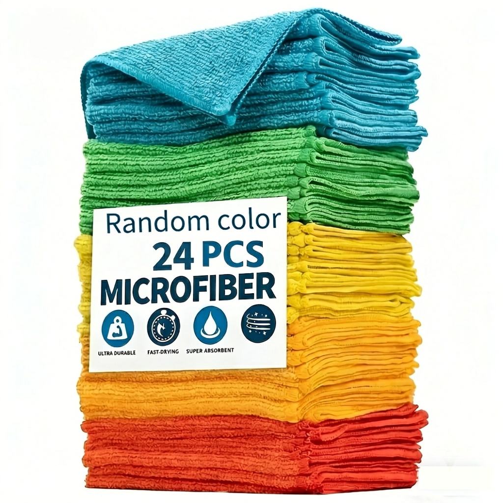 TEMU 24pcs Cleaning Cloth Set, Reusable Microfiber Towels In Random Colors, Quick-drying Cloths, Suitable For Household, Kitchen, Living Room,
