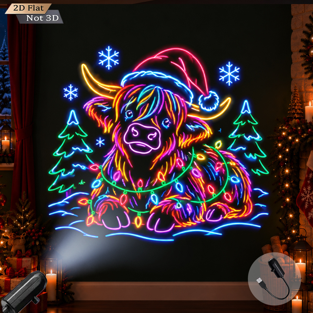 TEMU Usb Powered Projector Light Christmas Neon Cow Neon Highland Cow With Santa Hat And Christmas Lights Led Projection Lamp Ambient Night Light For