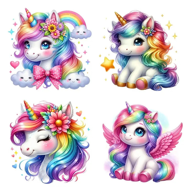 Set Of 4 Adorable Rainbow Unicorn Decals - High-, Dual-sided Print, Scratch-resistant Stickers For Cars & Motorcycles - Vibrant, With Flowers & Stars For Bumpers & Body