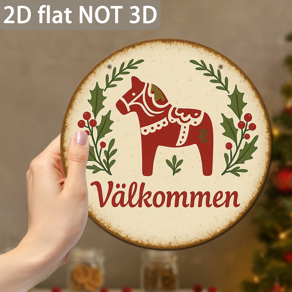 TEMU 2D Flach, 1 Stück Vintage Skandinavisches Dala-Pferd Metall Wandkunst - 20,32 cm X 20,32 cm Rustikale Bauernhaus Dekoration mit Rotem & Grünem
