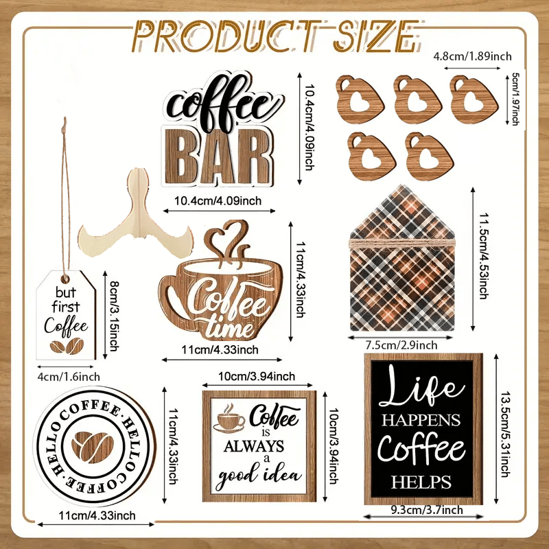 TEMU 13pcs Rustic Farmhouse Coffee Bar Wooden Signs Set, Floor Mount Wood Tiered Tray Decorations With Bead Garland For Home Kitchen Coffee Station