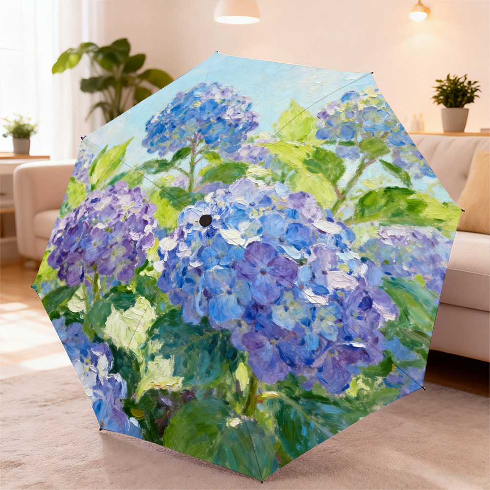 TEMU 1pc Oil Painting Style Hydrangea Automatic Umbrella - Lightweight Retractable Travel Umbrella, Oil Painting Texture Blue-purple Hydrangea