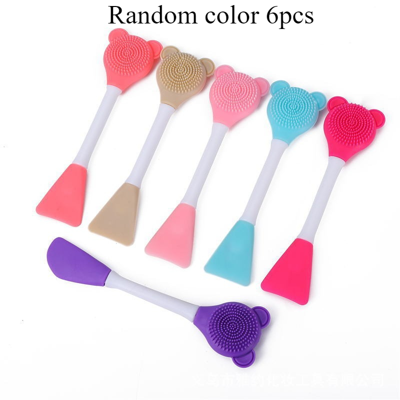 TEMU 6pcs Brosse Nettoyante Visage Double Tête Ours 2-en-1 et Applicateur/Pelle en Silicone - Double Tête pour Application de Masque, Outils de Soin