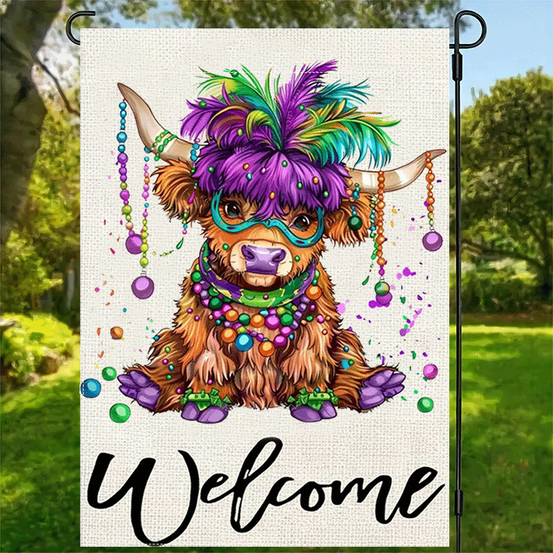 

1pc Mardi Gras Highland Cow Flag, Double-sided Polyester Burlap Outdoor Decoration, Multipurpose Yard Sign, 12x18 Inch, With No Electricity Needed For Party, Cow Decor