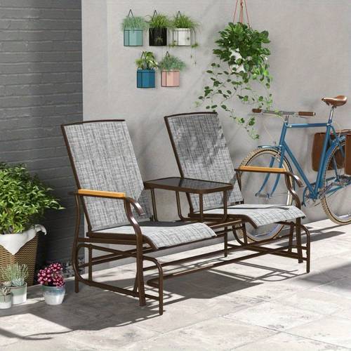 2 person outdoor glider bench patio swing glider chair loveseat with breathable mesh table for garden backyard porch gray