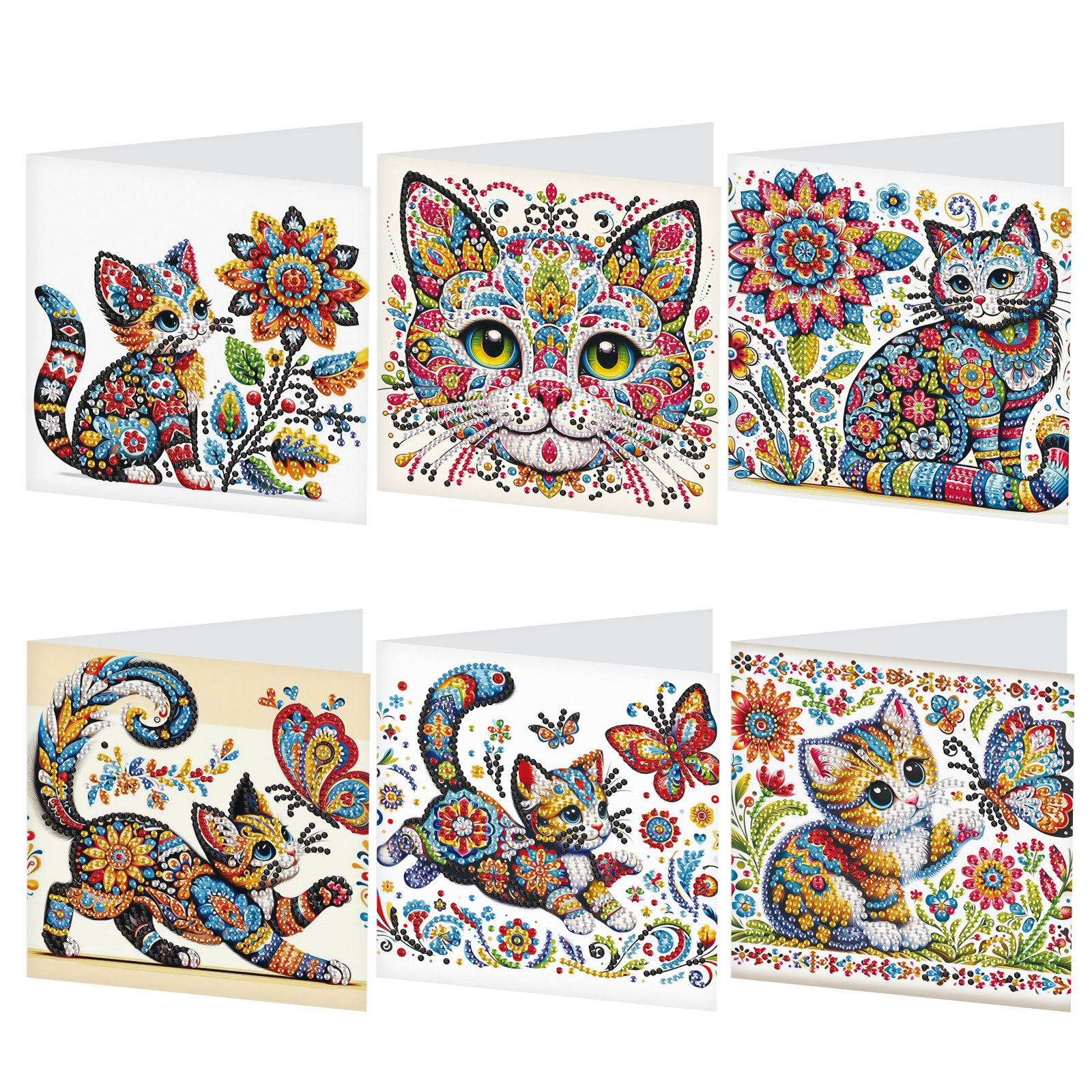 

Kit de cartes de vœux 6-Pack Diamond Painting, cartes d'artisanat d'art sur le thème des chats faites à avec enveloppes, matériel en créatif, irrégulière, pour et