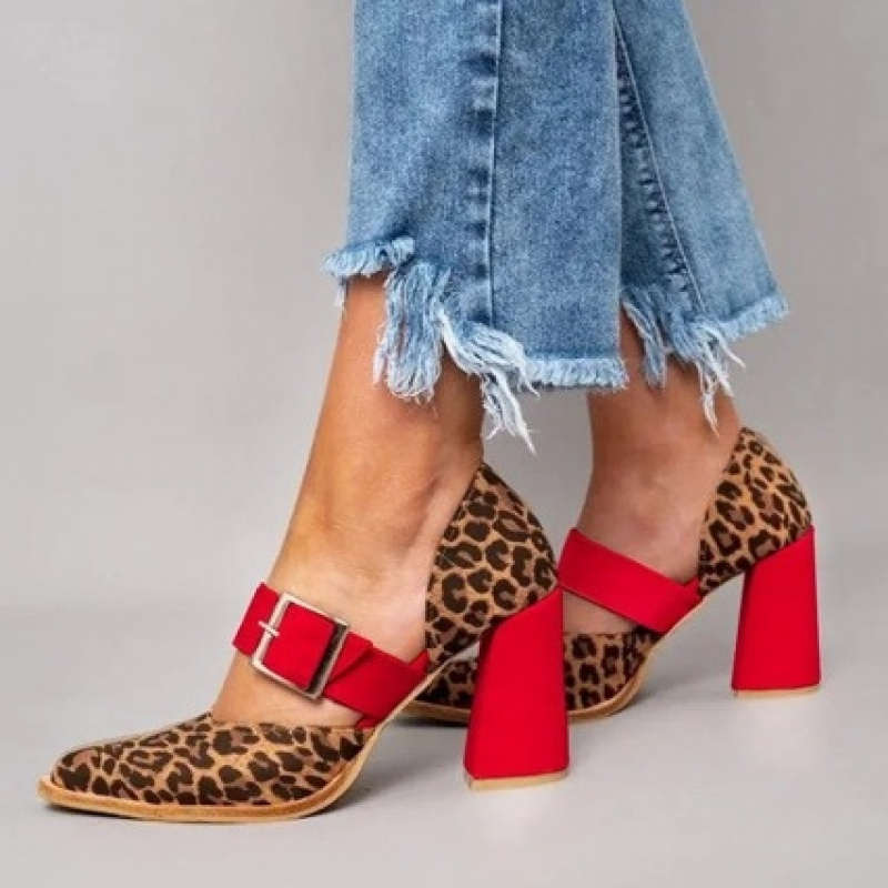 Image of European And American Leopard -blocking Chunky Heel High Heels, Retro Square Toe Hollow Fashion Shoes, Personalized And Elegant Commuting, Dating, All-match High Heels For Women, Women Shoes