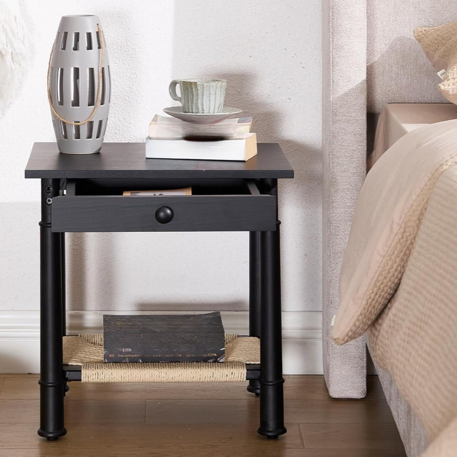 1pc 18 Inches Classical Square Side Table with Drawer 2-Tier End Table with Open Rattan Storage Shelf Solid Wood Sofa Table for Small Space, Living Room, Bedroom, Natural/ Black