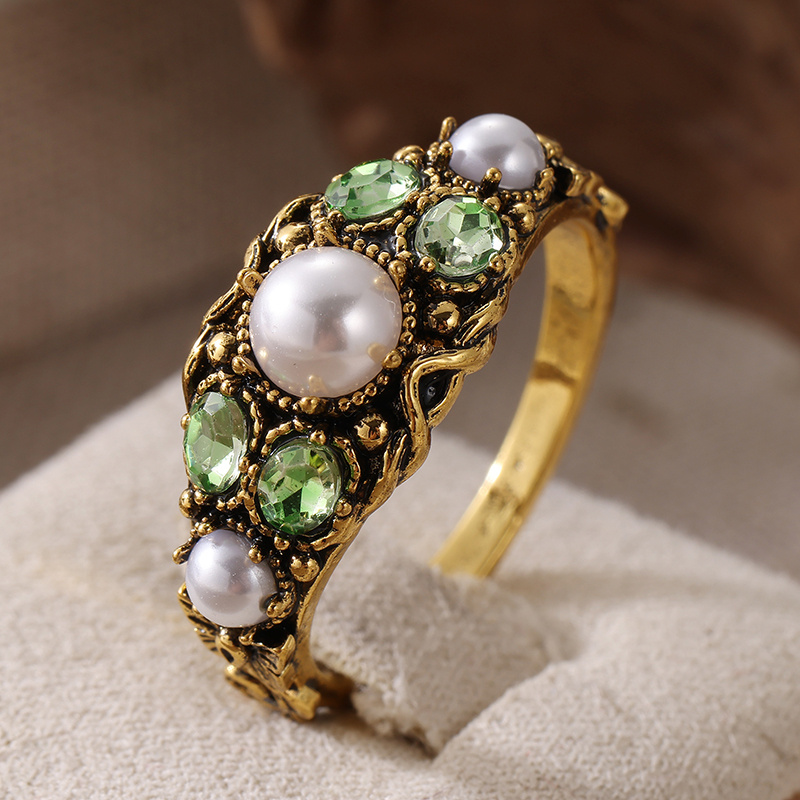 TEMU Vintage Inlaid Green Cubic Zirconia Women's Ring Ethnic Gold-colored Hand Carving Flower Daily Wear Party Jewelry Anniversary Gift