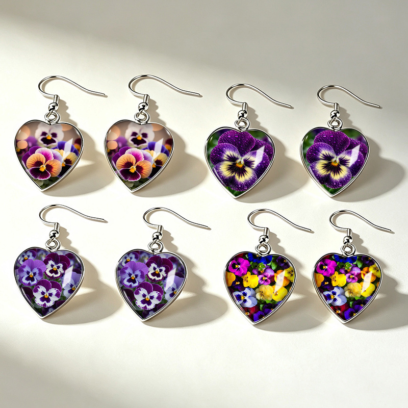 TEMU 4 Pairs White And Violet Pansy Illustration Heart-shaped Hook Pendant Earrings Glass Jewelry Additions Men's Gifts, Without Battery
