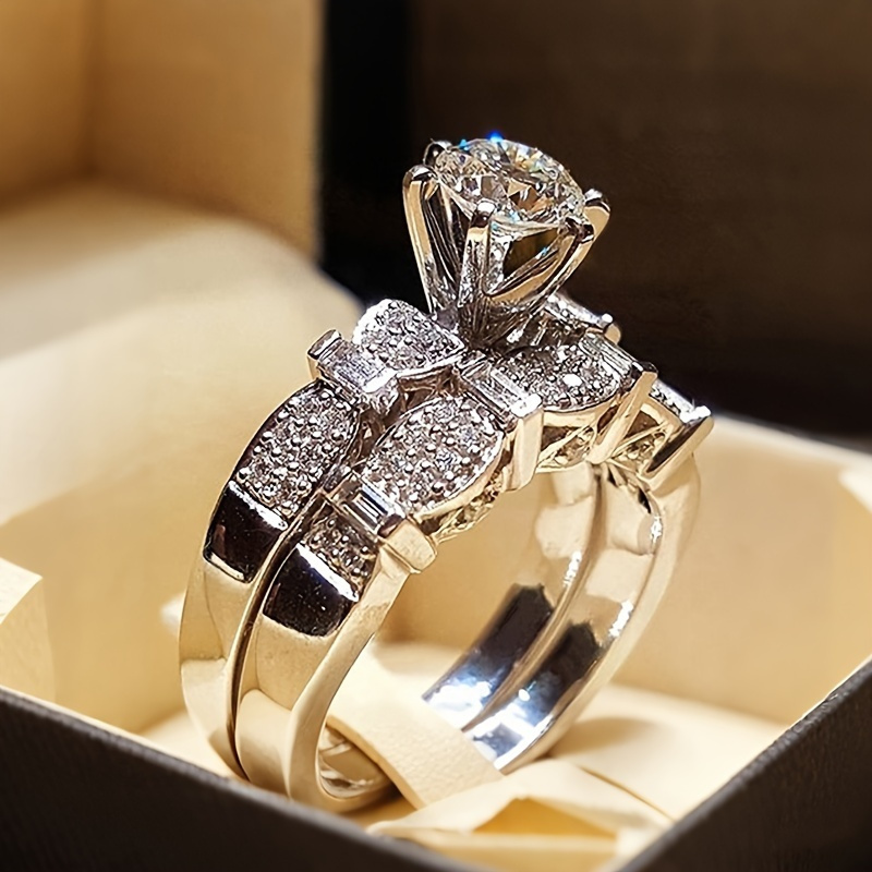 TEMU 2pcs Elegant Sparkling Stackable Ring Set - Style, Ideal For Weddings, Engagements, And Anniversary Christmas Gifts