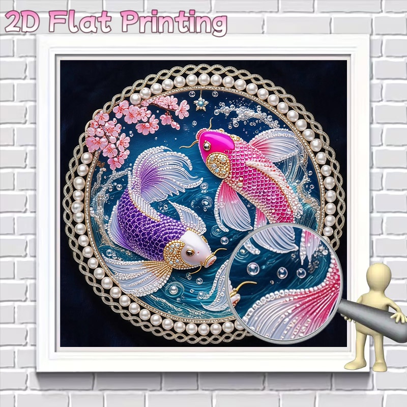 TEMU New Arrival Frameless 2d Pearl Diamond Painting Kit, Koi Fish & Cherry Ornate Circular Artwork With Sparkling Accents, Home Wall Decor And