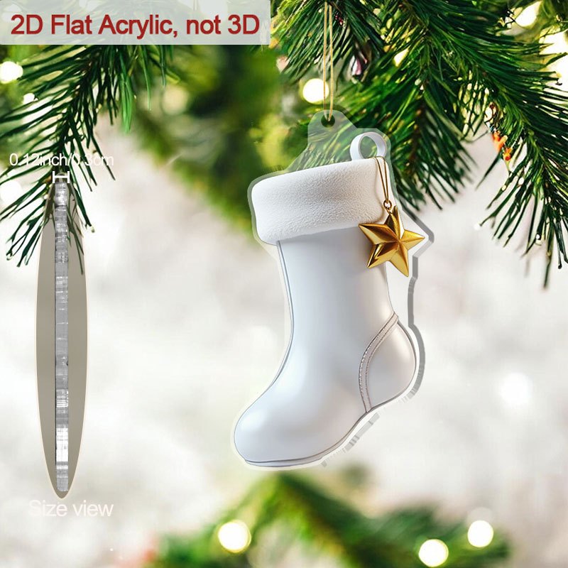 TEMU 2d Flat, 1pc White Acrylic Hanging Boot Ornament With Fluffy Trim & - Christmas Stocking-shaped Decoration For /outdoor Tree, Door, Garden -