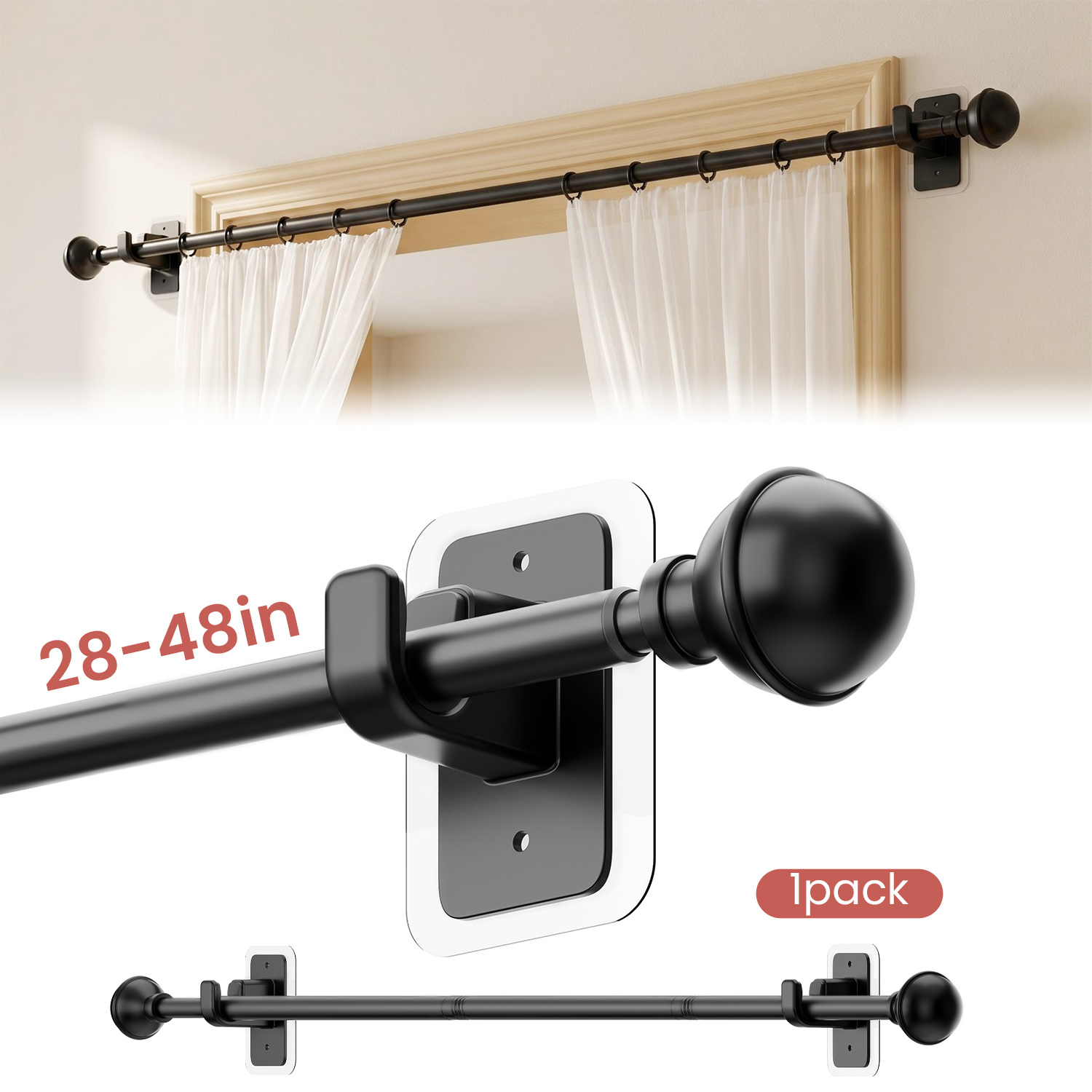 TEMU 1pc Black No Drill Curtain Pole, Adjustable 28-48 Inch Window Curtain Rod With Adhesive Brackets, Renter Friendly Blackout Drapery Rod, -free