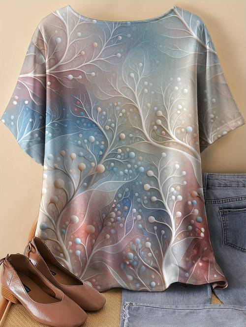 womens plus size casual crew neck t shirt vintage floral print stretch fabric polyester 96 elastane season 180gsm fashionable breathable top