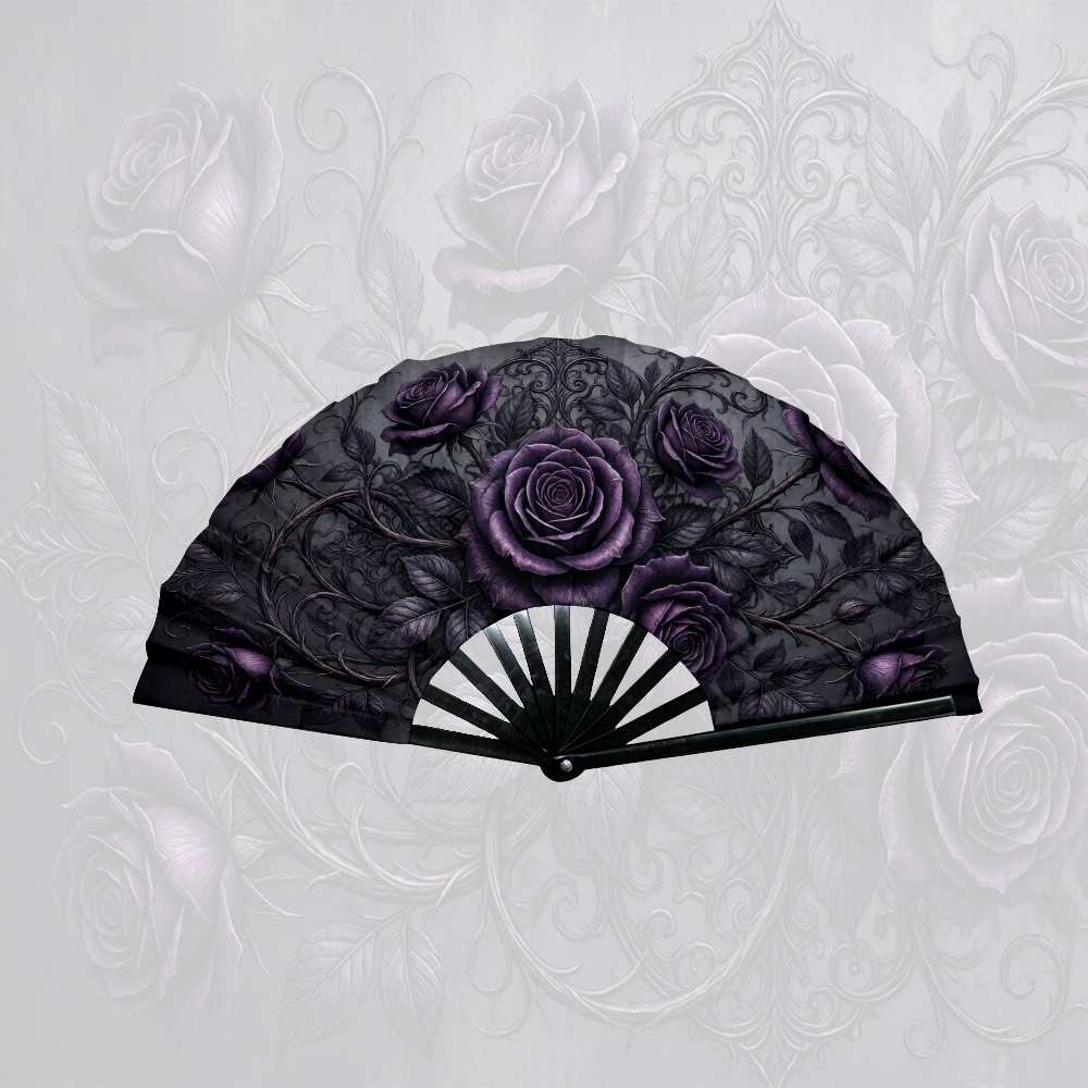 TEMU 1pc Elegant Printed Folding Fan Men Women Gothic Dark Purple Rose Design For Wedding Party Decoration, Home Decoration Gift, With Vivid Printed