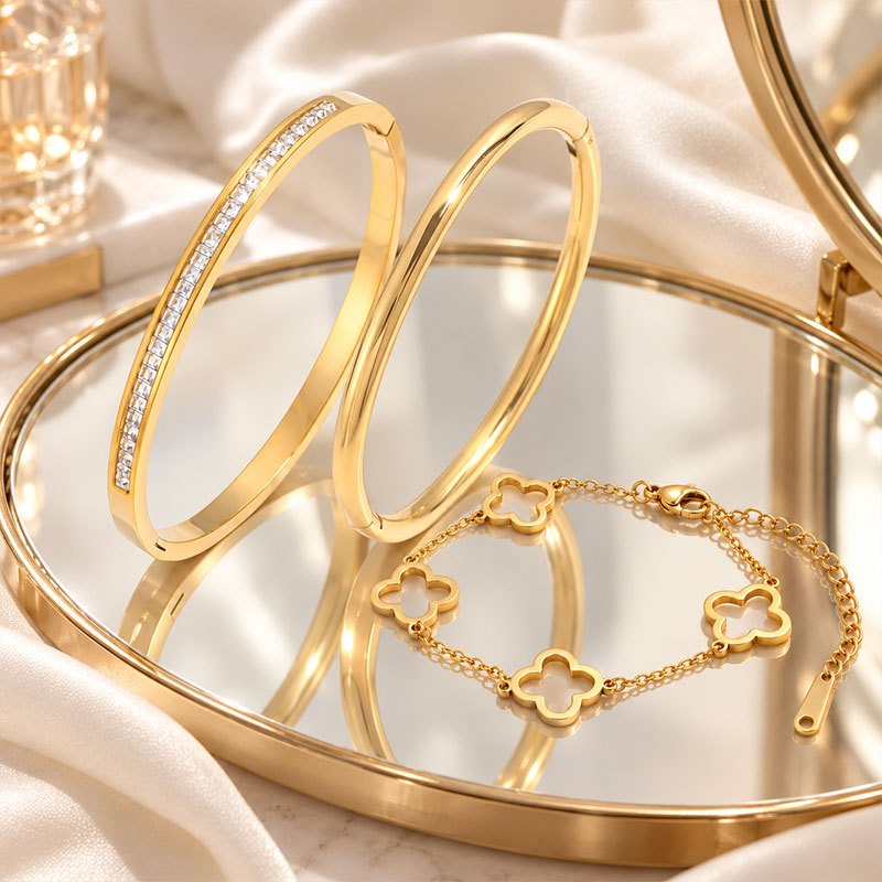Elegant 3pcs Handmade Gift Set, Golden Stackable & Smooth Bracelets