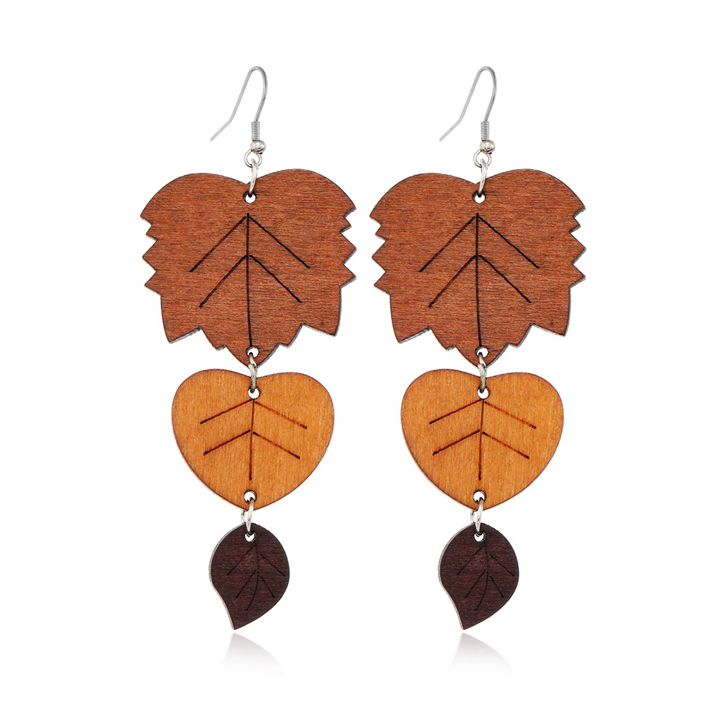 Women's Vintage Brown Leaf Wood Long Earrings, Ethnic Style