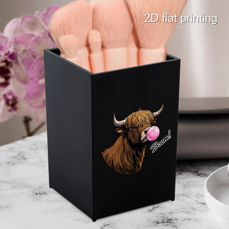 1pc cute bubble gum cow design makeup brush holder portable dustproof cosmetic organizer for brushes eyebrow pencils black plastic vanity storage box with highland cow illustration vanity storage solution   design sleek organizer Product details 5