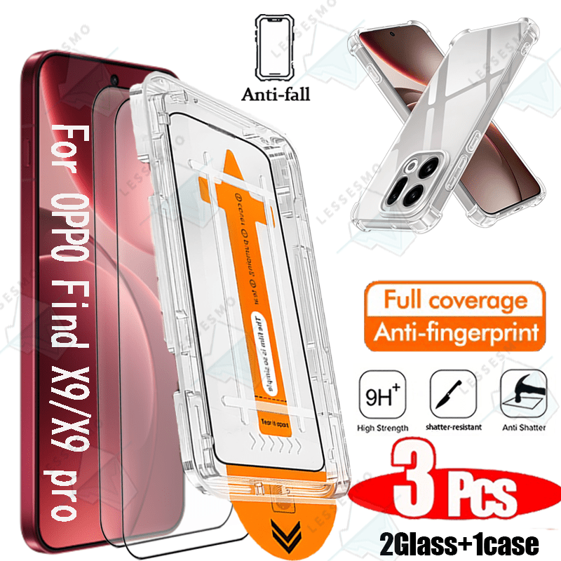 TEMU [suitable For Oppo Find X9/x9 Pro] 2pcs Tempered Glass With Dustproof 1pc Transparent Phone Case, Support Fingerprint Unlocking, Automatic