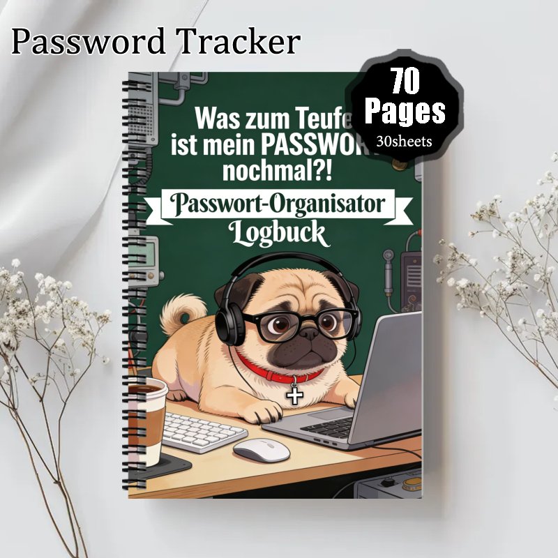 TEMU 1pc Pug Dog Themed Password Organizer Logbook - German Password Notebook Suitable For , Spiral Bound With Pug For Seniors, Women, Gift, Password