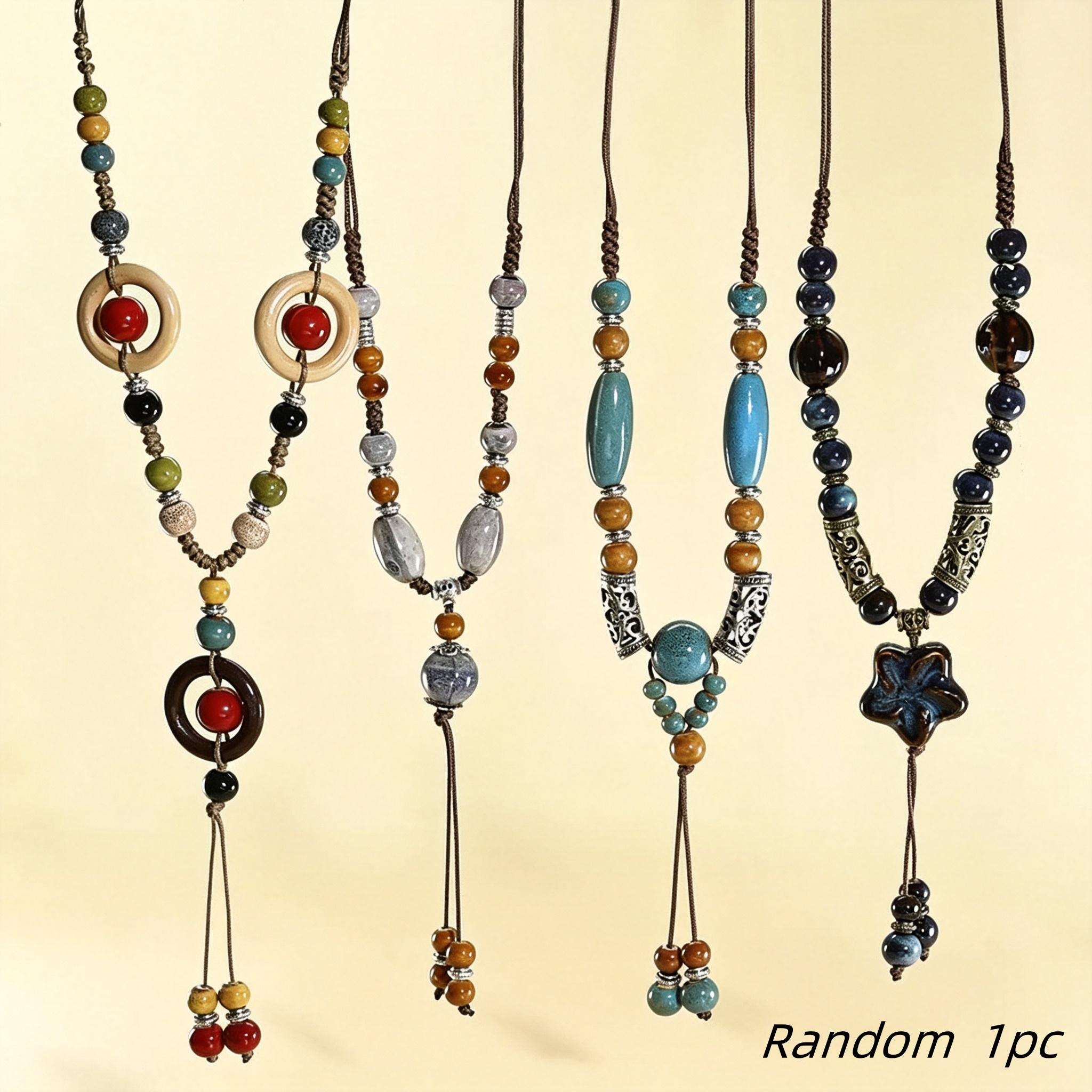 TEMU Collier long en style bohème avec perles en bois et céramique, chaîne de pull rétro avec pendentif tissé , accessoire décoratif portable