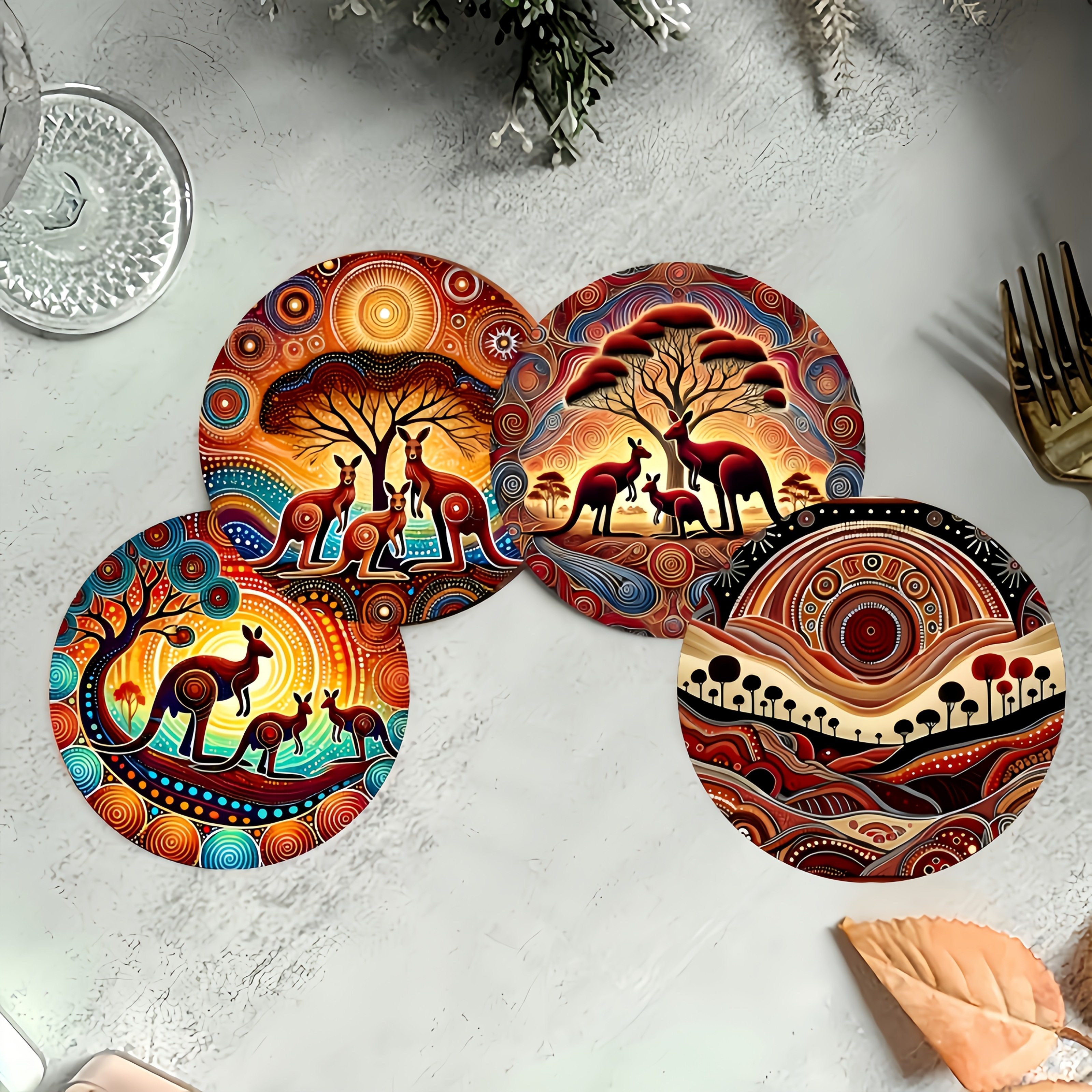 TEMU 6pcs Set - 2d Kangaroo Pattern Wooden Coasters, Hand Wash Only, Heat Resistant, Christmas, Halloween, Easter, Valentine's Day, Mother's Day -