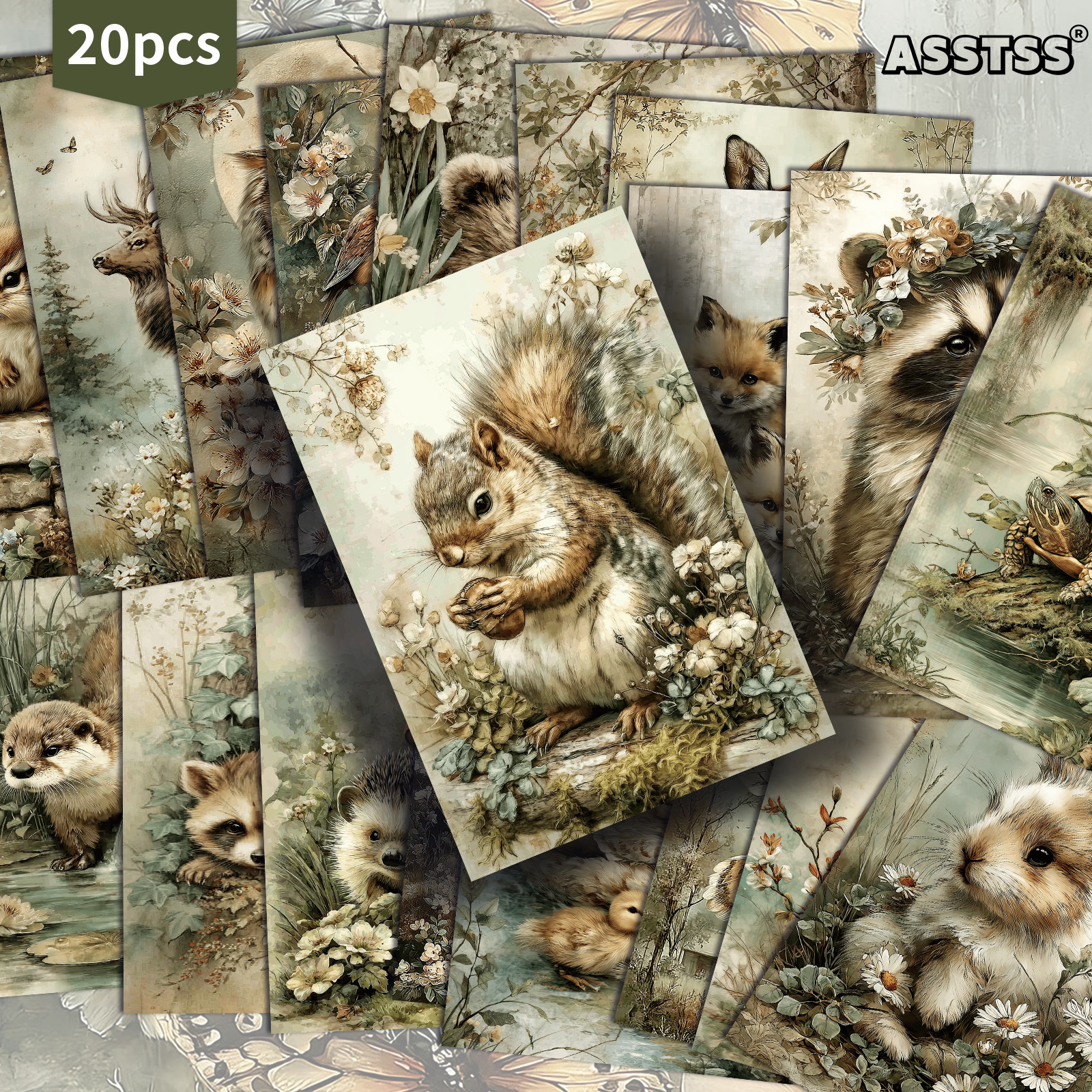 TEMU 20-pack Asstss Vintage Forest Animals Postcards - 4x6 Inches Retro Junk Journal Supplies, Classic Pinup Illustrations Collectible Decorative