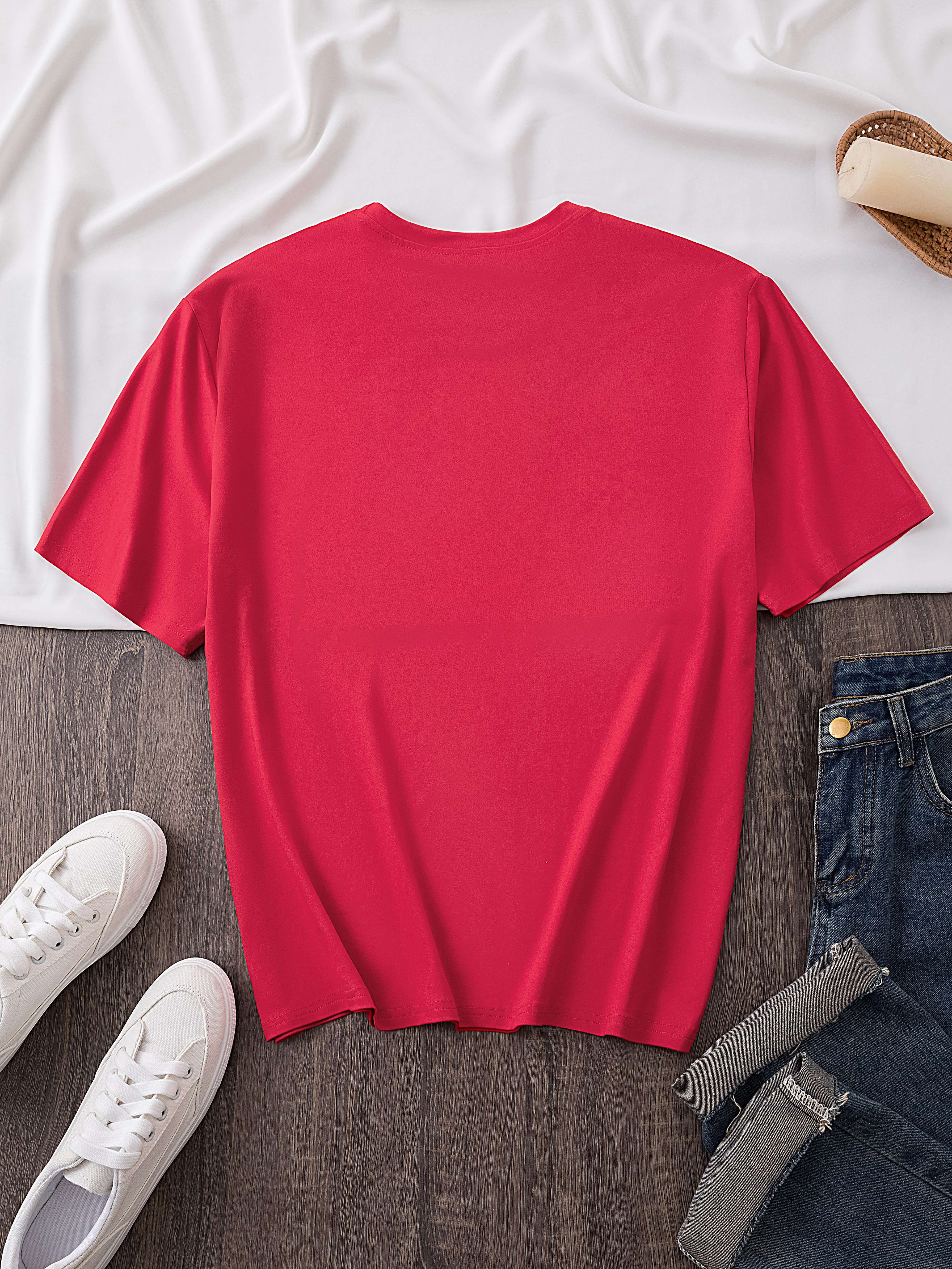 Women's Elegant Round Neck Short-Sleeve T-Shirt - Vibrant Red with White Calvin Monogram Print, Soft Fabric, Casual Versatile Top for Spring & Summer, Machine Washable, Casual Attire, Stylish Letter Print, Comfortable Fit