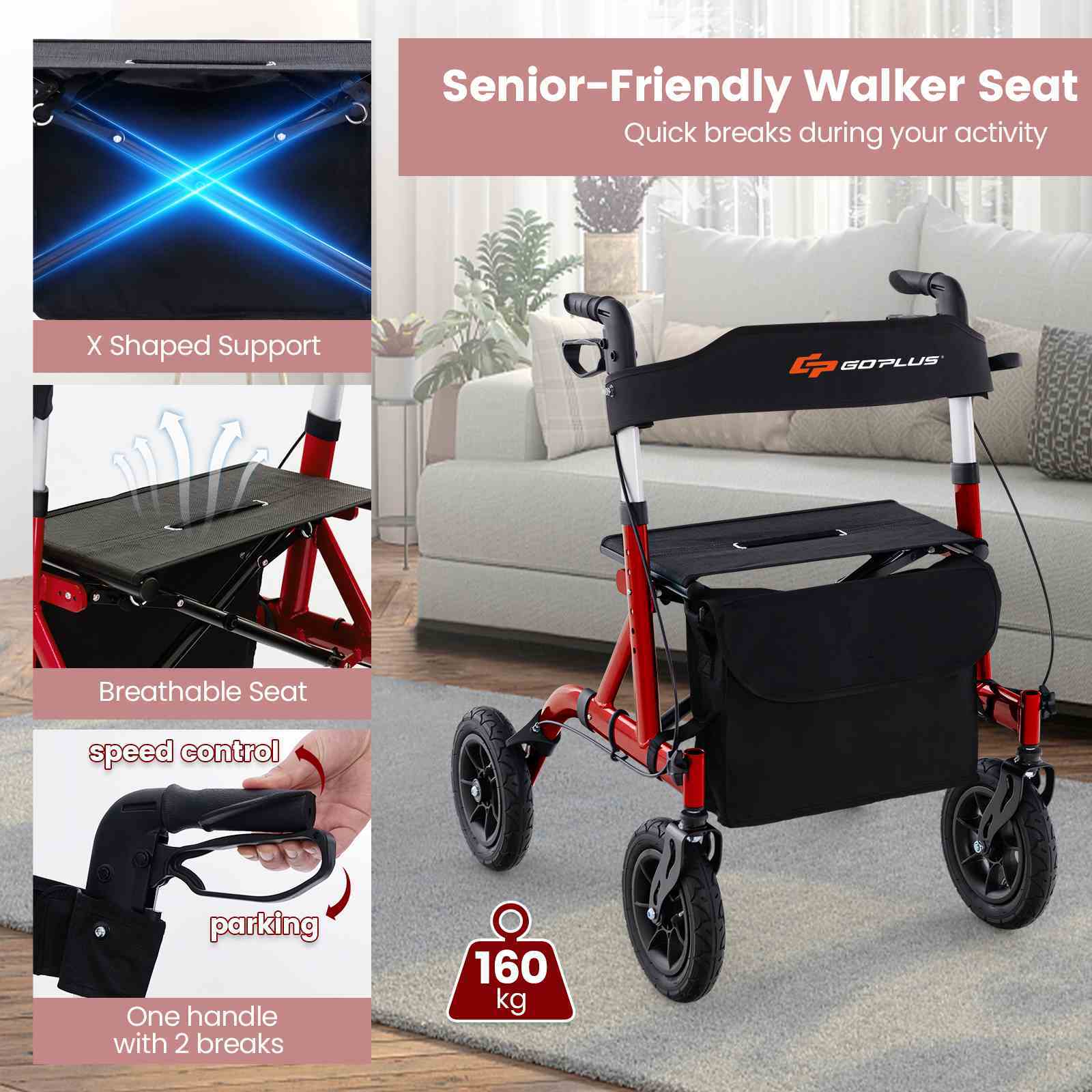 1pc LIFEZEAL Folding Walker with Seat, Adjustable Height, Aluminum Frame, Senior Mobility Aid with Storage, Breathable Seat, X-Shaped Support, One-Hand Operation, No Electricity Needed - Red