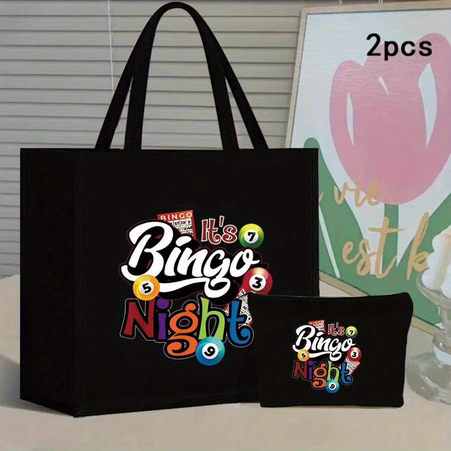 TEMU 2pcs Bingo Print Tote Bag Set - Lightweight Burlap With Adorable Coin Purse - Shopping, Travel & Beach - Durable & Versatile