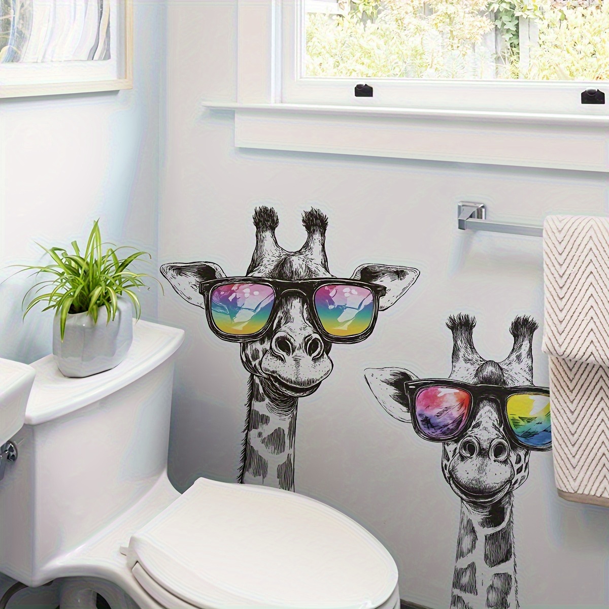 Image of 1pc Of A Whimsical Wall Sticker Featuring 2 Giraffes Wearing Glasses, Designed For Easy Application And Removal. This Humorous Animal Art Is Perfect For Decorating Your Home, Bedroom, Or Living Room