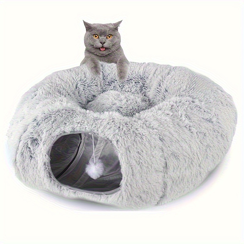 Image of Cozy Plush Cat Tunnel Bed With Hanging Ball Toy- Foldable, Portable, And Breathable Design For Indoor Play And Relaxation