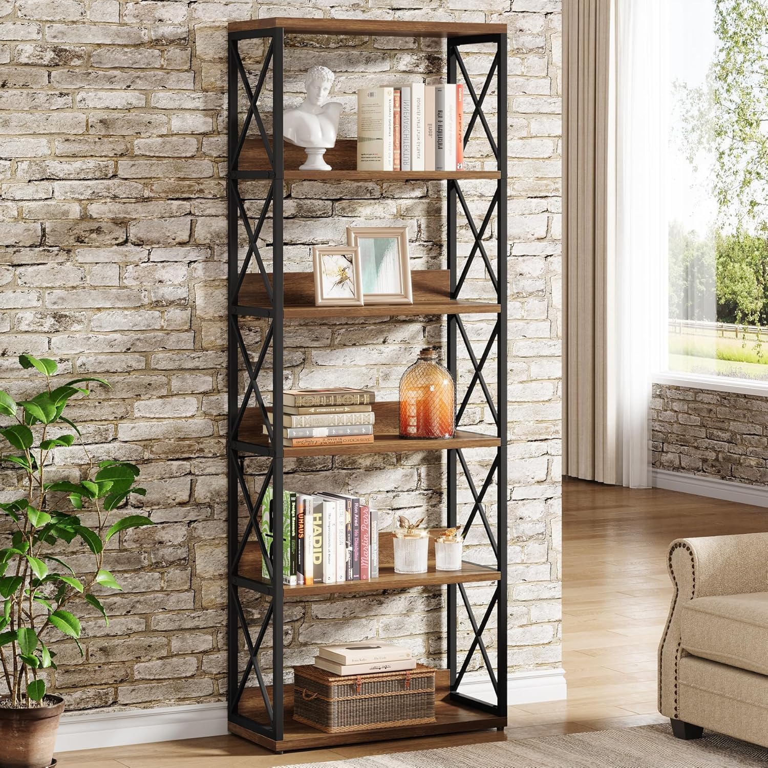 5-tier Industrial Bookshelf | 70-inch Tall Etagere Bookcase With Open Shelves, Vintage Floor Standing Book Shelf Display Storage Shelving Unit For Home Office Bedroom Study, Brown Wood, Fnova Brand