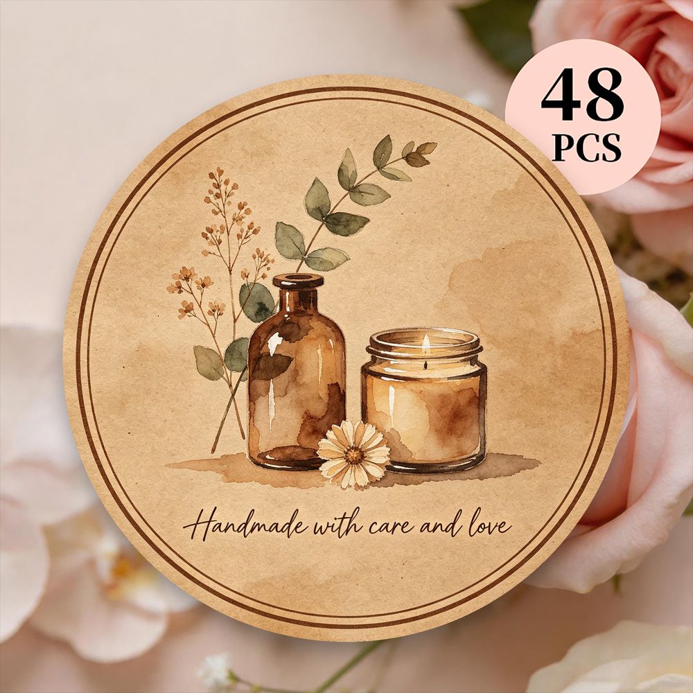 TEMU 48pcs Round Handmade Labels, Vintage Watercolor Candle & Bottle Stickers, Self-adhesive Tags For Homemade Candles, Craft Products, Gift