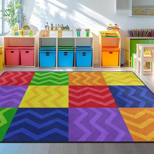 vibrant checkered playmat a soft and sturdy area mat featuring a colorful checkered pattern knit fabric and a rubber backing its ideal for nurseries classrooms art rooms libraries