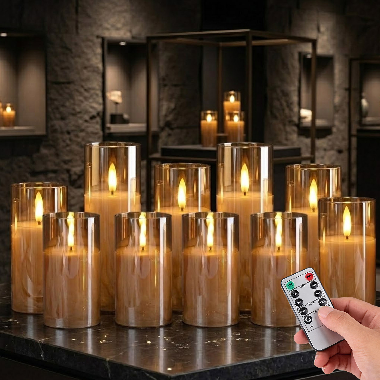 TEMU Junjoyce 10pcs Remote Control Electronic Candle Lights With Golden Acrylic Covers, Led Simulated Flame Candles, Remote , Timer, Adjustable