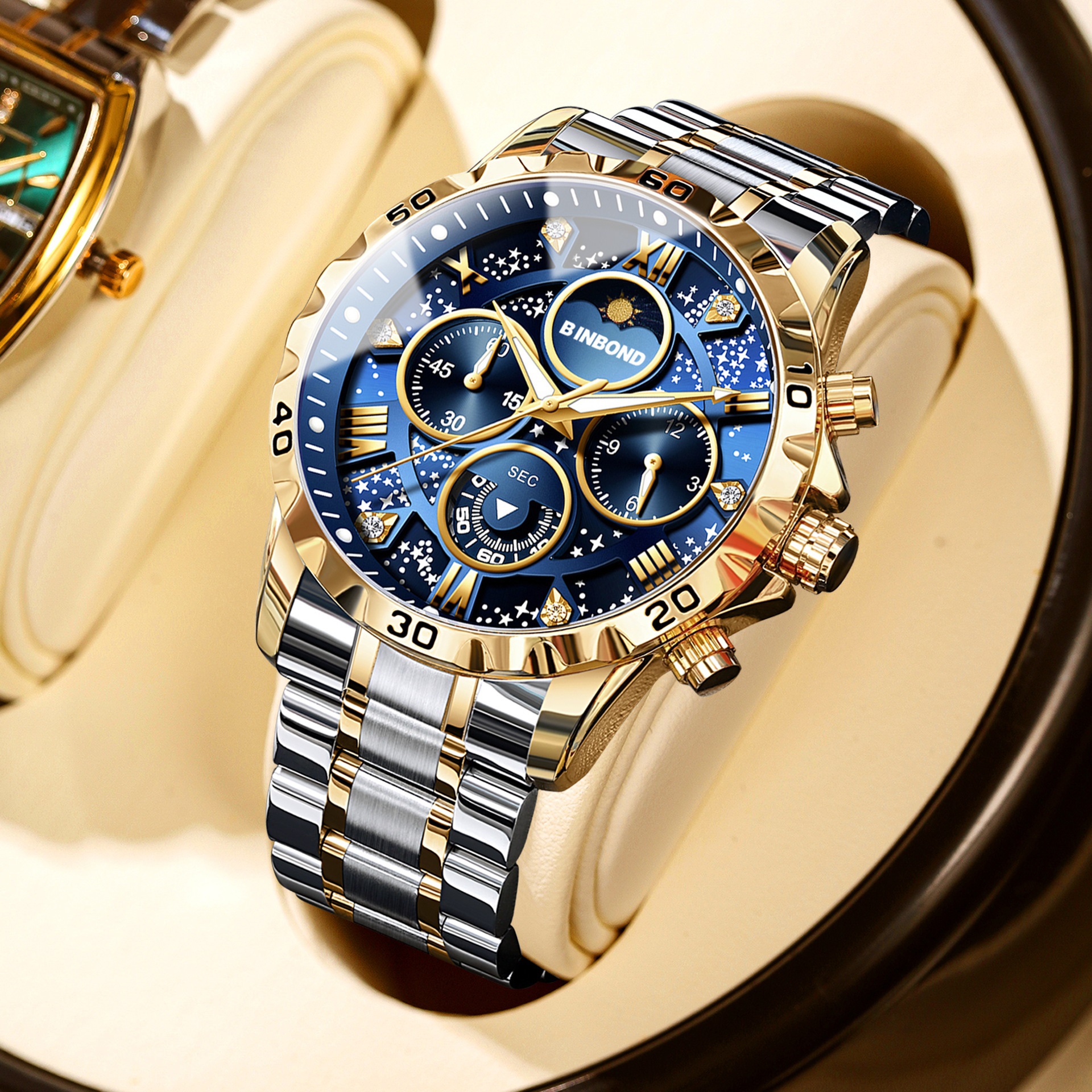 TEMU Binbond Men's Watch Steel Belt Moon Phase Star Luminous Waterproof, Without Battery
