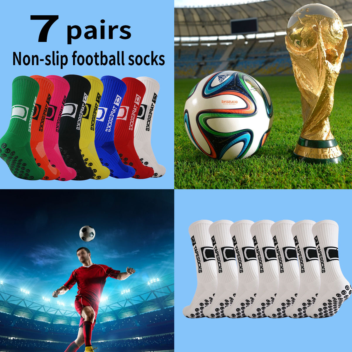 

A Set Of 7 Pairs Of Multicolored Men's Non-slip Sports Socks With A Dotted Sole, Suitable For Activities Like Basketball, Running, Hiking, And Yoga.