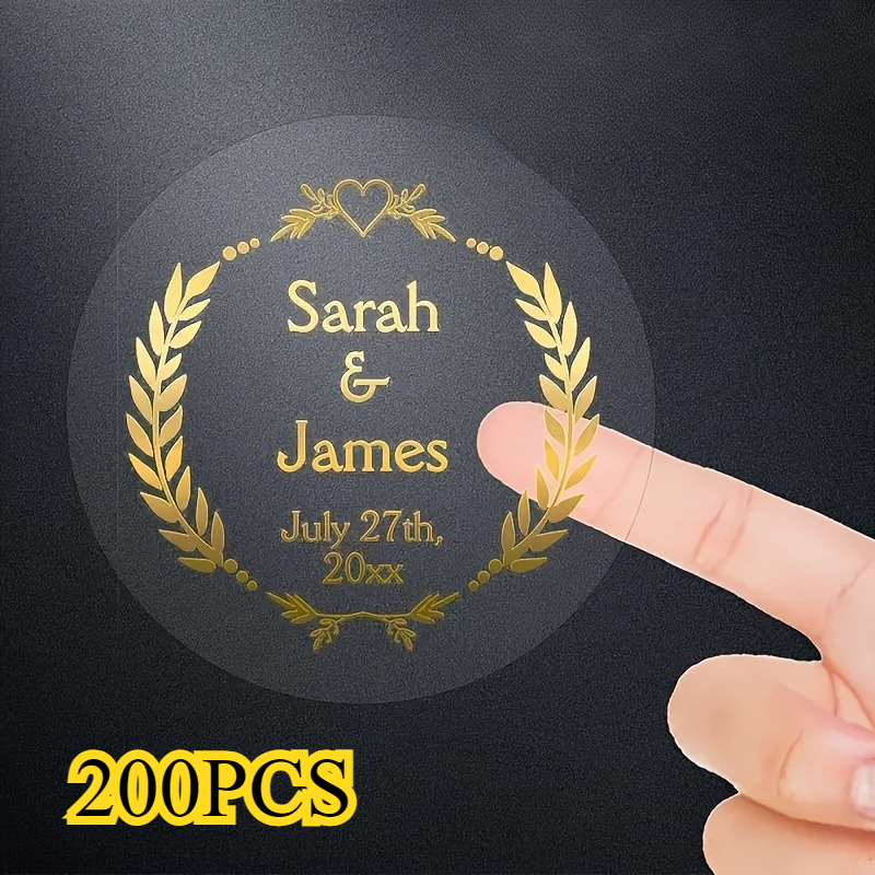 TEMU 100pcs/150pcs/200pcs Custom Stickers - Personalized Transparent Round Leaf Design With Name And Date, Suitable For Glass, Shiny Wedding