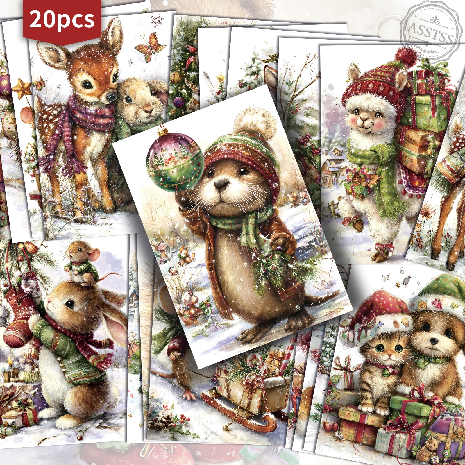 TEMU 20-pack Asstss Vintage Christmas Animals Postcards - 4x6 Inches Retro Junk Journal Supplies, Classic Pinup Illustrations Collectible Decorative