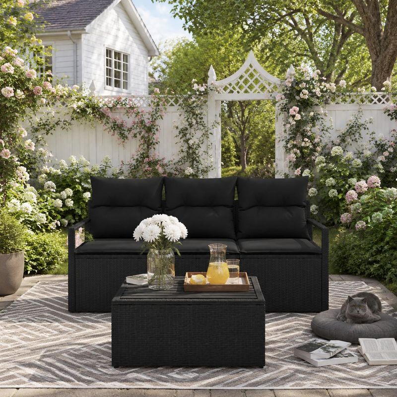 Image of 3pcs Black Poly Rattan Sofa Set For Home