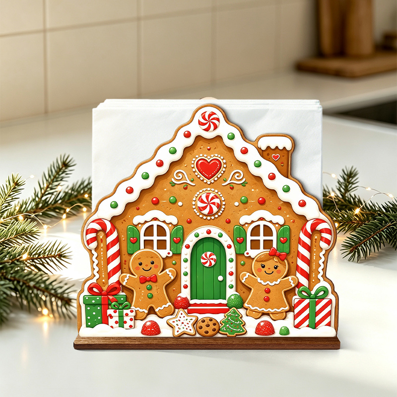 TEMU 1pc 2d Flat Printed Christmas Gingerbread House Wooden Napkin Holder, Cute Gingerbread For Man Desktop Tissue Dispenser, Christmas Candy Cane