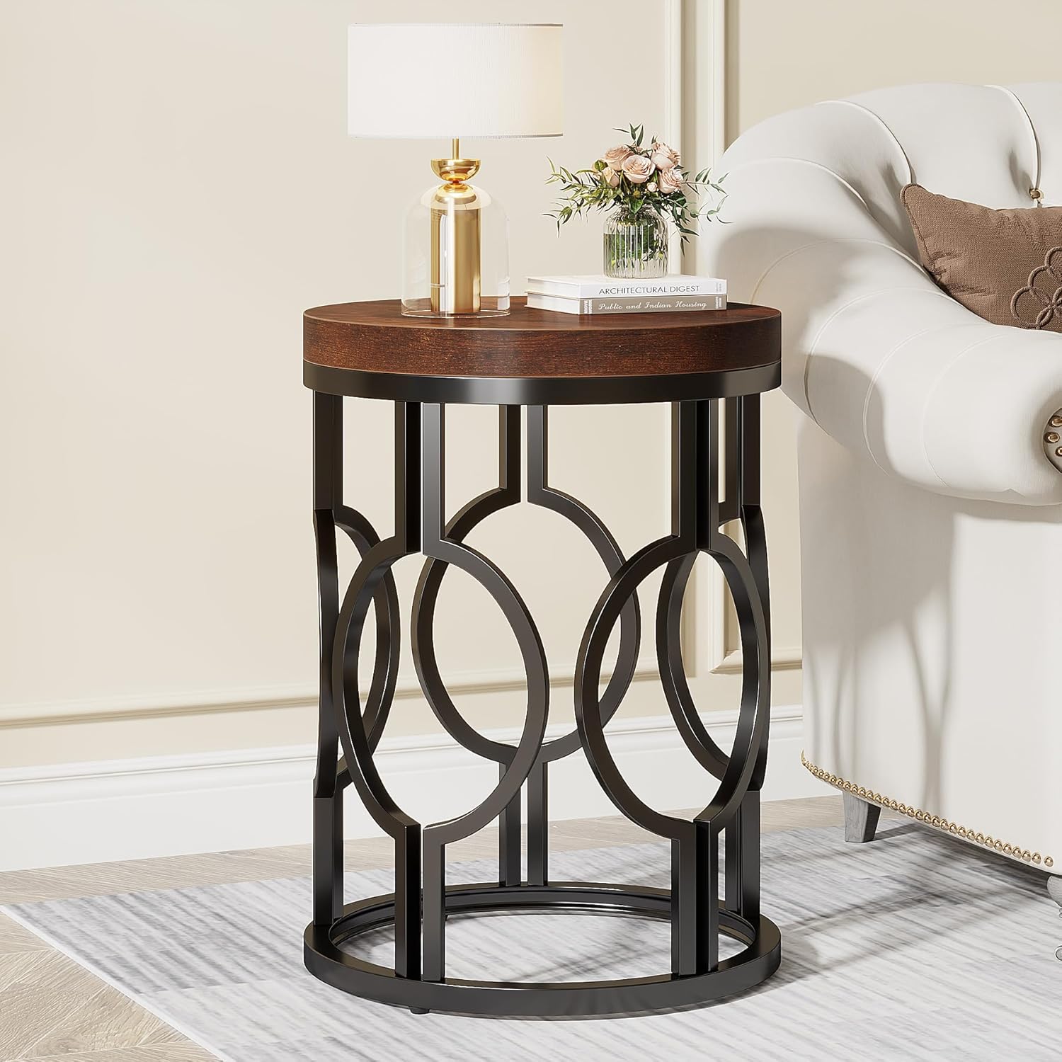 1pc Round End Table | Industrial With Metal Hollow Frame, Small Bedside Table Nightstand For Living Room, Bedroom, Easy Assembly, Rustic Brown, Weather Resistant, Fnova Brand