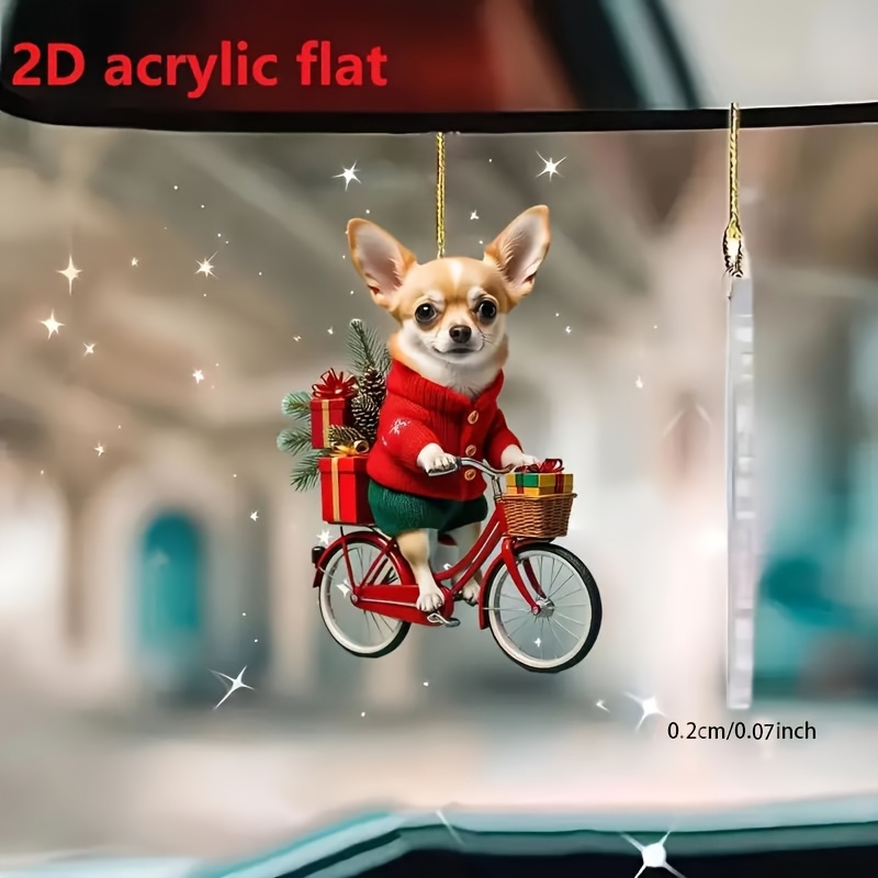 TEMU Decorazione natalizia piatta in acrilico 2D - Chihuahua che una bicicletta con regali natalizi e sfondo cielo stellato, resistente ornamento da