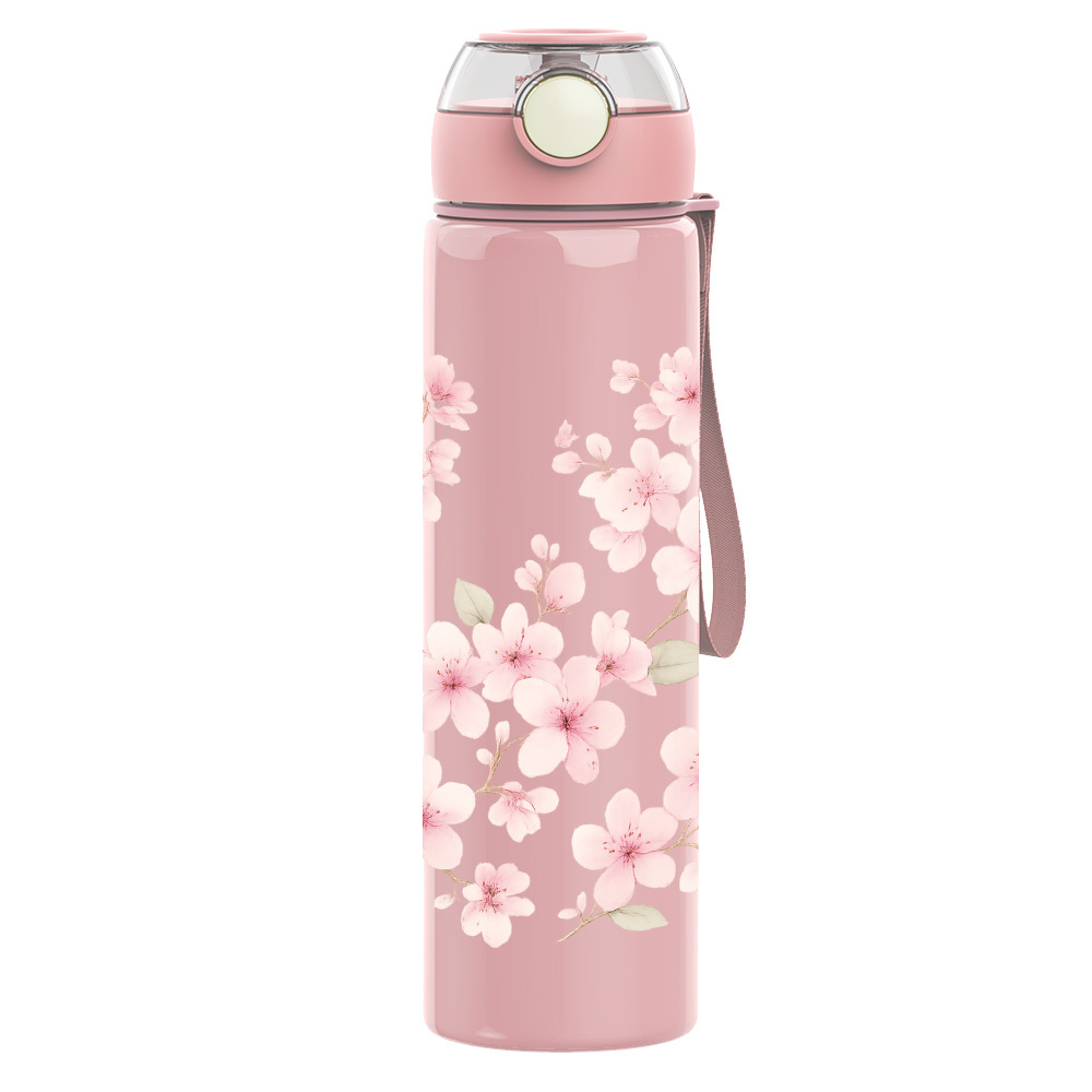 TEMU 1pc Pink Cherry Floral Illustration 750ml/26oz Colorful Plastic Round Lid Sports Water Bottle, Leak-proof With Pop-up Lid, Includes Straw,