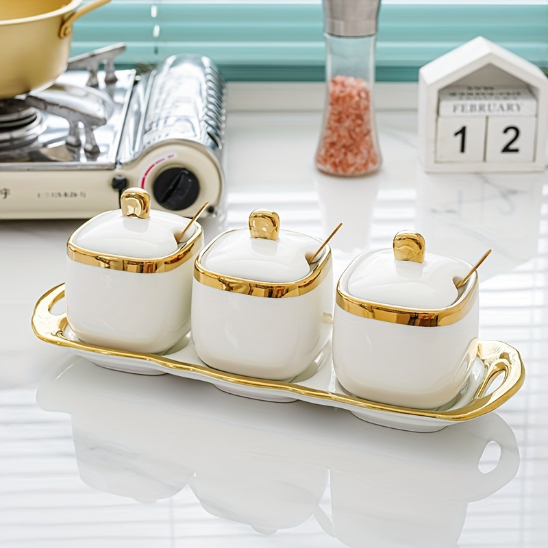 set of 3 porcelain condiment jars spice containers with lids ceramic sugar bowl condiment jar spice jar seasoning box   jars   kitchen counter details 2