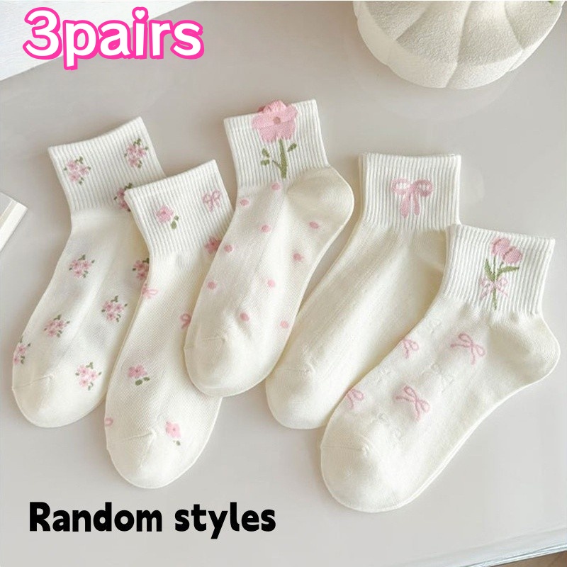 TEMU 3pairs Women's Floral Bow Ankle Socks. Soft Pink Ribbed Cuffs Offer Comfortable, Non-binding Stretch. , Look. Random Styles.